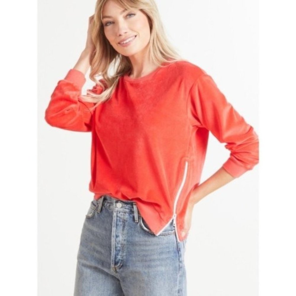 Sundry Velour Zip Pullover in Red Pink